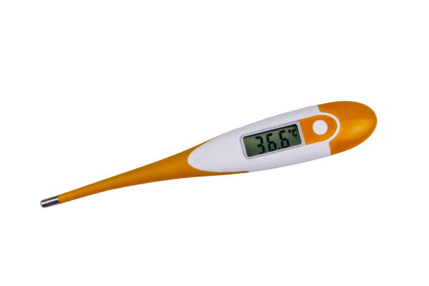 健康な人体温度36.6°cを示すデジタル医療体温計は、白い背景に分離 - 5143 ストックフォトと画像