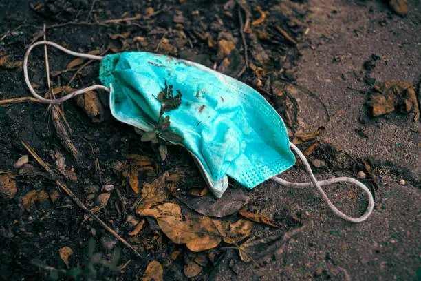 Discarded dirty surgical mask lying on the ground during the Covid-19 or coronavirus pandemic viewed high angle