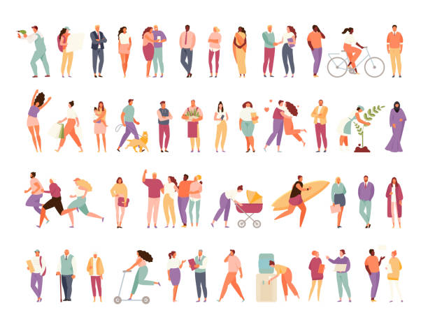 People group different activity vector Big set of a group of people with different activity. Family and friendship, work and leisure. Vector characters isolated on a white background active lifestyle illustrations stock illustrations
