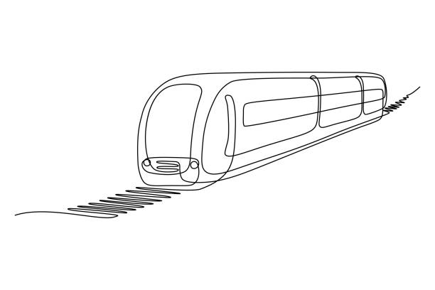 Train moving on rail track Passenger train in continuous line art drawing style. Traveling by train minimalist black linear sketch isolated on white background. Vector illustration railroad track on white stock illustrations