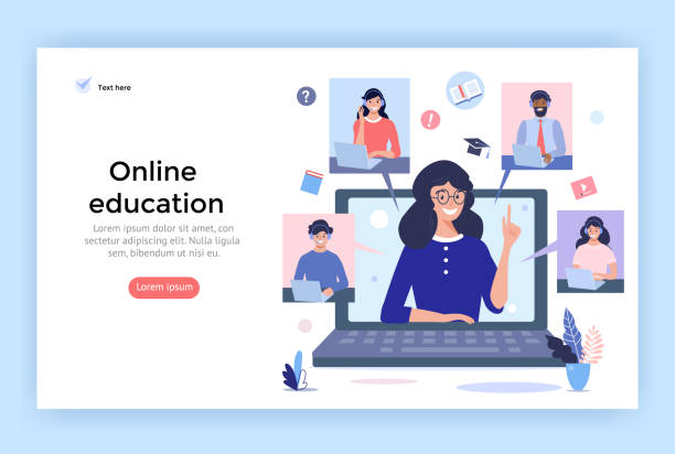 Online education concept illustration. Online education concept illustration. Smiling people using  headphones  for a video call. Perfect for web design, banner, mobile app, landing page, vector flat design. speaker illustrations stock illustrations