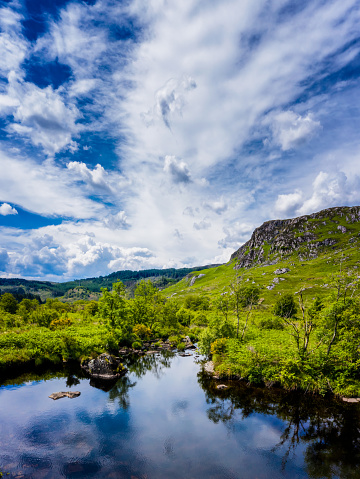 A still section of a small river showing the reflection of the sky on a bright sunny morning with a blue sky and light clouds. Beside the river is lush grass and bracken. In the background are rugged hills.\nThe image was produced by merging two images captured by a drone that was being flown at a low altitude.