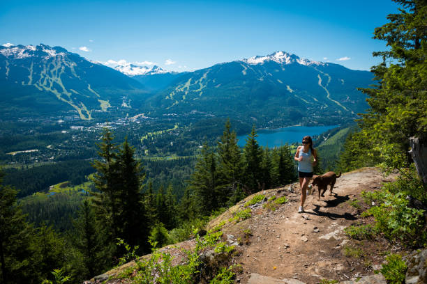 frau joggt mit ihrem hund - whistler britisch kolumbien stock-fotos und bilder