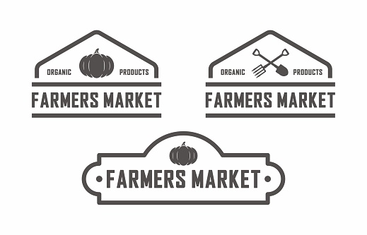 Vector illustration advertises farm food. Text logo farm market.