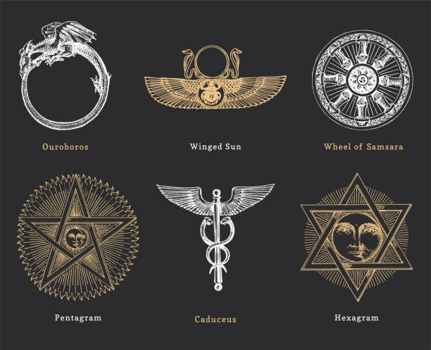 Drawn sketches of mystical symbols. Set of vector illustrations. Vintage pastiche of esoteric and occult signs. Drawn sketches of magical and mystical symbols. Set of vector illustrations in engraving style. Vintage pastiche of esoteric and occult signs. pentagram stock illustrations