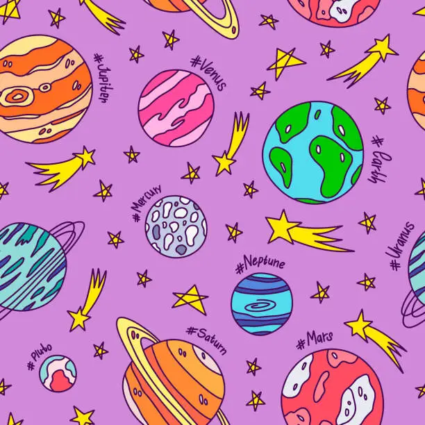Vector illustration of Seamless pattern with cosmic obgects. Vector doodle style solar sistem planets Mercury, Venus, Earth, Mars, Jupiter, Saturn, Uranus, Neptune, Pluto. Space background for textile, wrapping paper