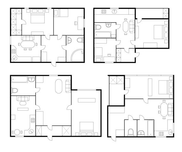 ilustraciones, imágenes clip art, dibujos animados e iconos de stock de conjunto de iconos lineales de contorno de signo de plano arquitectónico. vector - plan house home interior planning