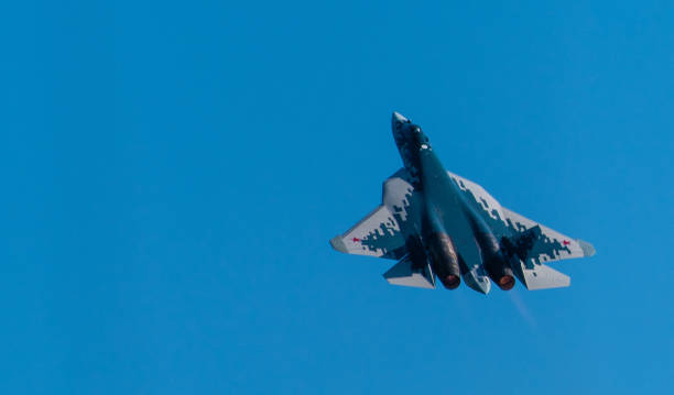 Plane at the international airport August 30, 2019. Zhukovsky, Russia. fifth-generation promising Russian multi-functional fighter Sukhoi Su-57  at the International Aviation and Space Salon MAKS 2019. moscow international air show stock pictures, royalty-free photos & images
