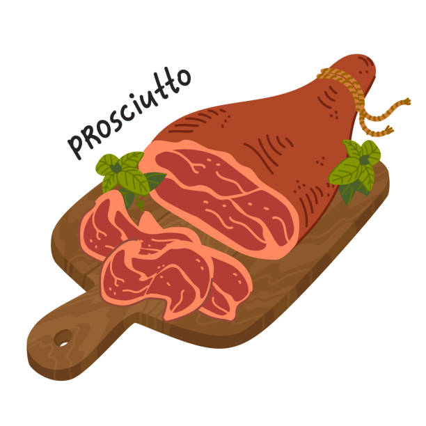 Prosciutto crudo. Meat delicatessen on a wooden cutting board Prosciutto crudo. Meat delicatessen on a wooden cutting board. Slices of Italian dry-cured parma ham. Simple flat style vector illustration serrano chili pepper stock illustrations