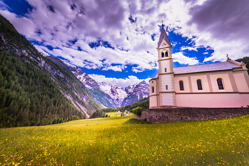 Church above Idyllic Italian alps landscape, Sulden, near Passo dello Stelvio, Italy