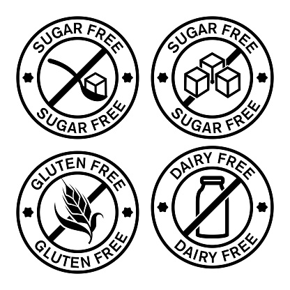 Vector Illustration with a Set of Black and White Clean Design of Stickers, Labels, or Icons of Sugar Free, Dairy Frree and Gluten Free