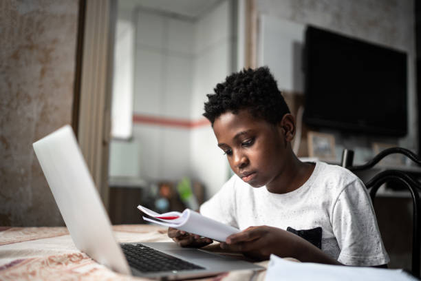 bambino con laptop su una lezione online a casa - little boys pre adolescent child child education foto e immagini stock