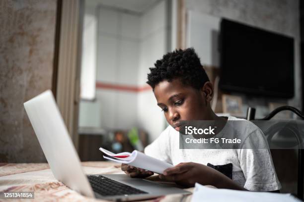 Child With Laptop On A Online Class At Home Stock Photo - Download Image Now - Child, Student, Boys
