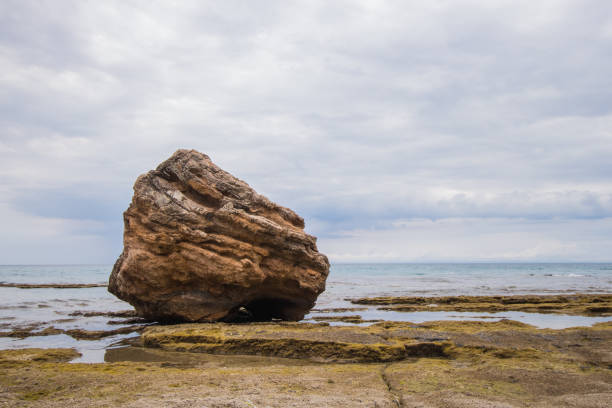 gran roca en una playa - formación de roca fotografías e imágenes de stock