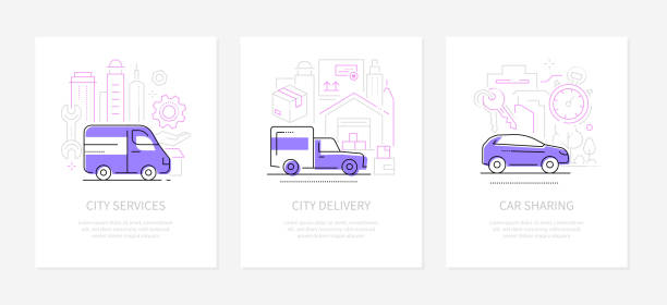 illustrazioni stock, clip art, cartoni animati e icone di tendenza di trasporto urbano - set di striscioni in stile line design - truck key