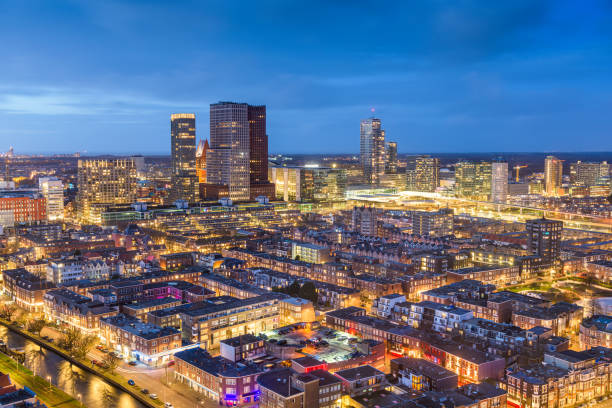 The Hague, Netherlands city centre skyline at twilight.