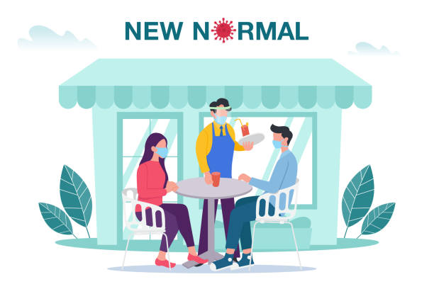 New normal concept illustration with male and female sitting at outdoor cafe or restaurant tables with face mask prevention from disease outbreak. New normal after Covid-19 pandemic concept New normal,concept, illustration,cafe, restaurant, Covid-19, pandemic, hotel illustrations stock illustrations