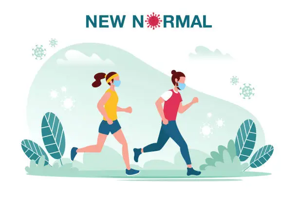 Vector illustration of New normal concept illustration with male and female jogging with face mask prevention from disease outbreak. New normal after Covid-19 pandemic concept