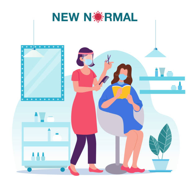 ilustrações de stock, clip art, desenhos animados e ícones de new normal concept illustration with a female hairdresser wearing face shield and mask doing haircut for customer in hair salon prevention from disease outbreak. new normal after covid-19 pandemic concept - shopping mask