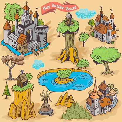 Fantasy map builder vector colorful hand draw illustrations
