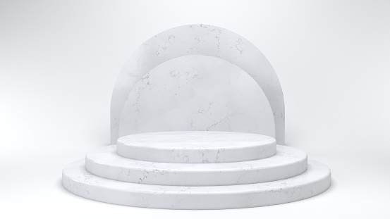 Shiny marble white round pedestal podium. Abstract high quality 3d concept illuminated pedestal by spotlights on white background. Futuristic background can be add on banners flyers ro web. 3d render.