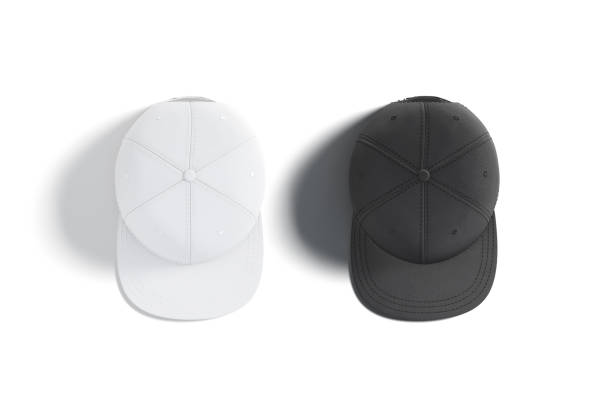 Blank black and white jeans snapback mockup set, top view, 3d rendering. Empty fashion head-dress with visor mock up, isolated. Clear baseball sport accessory cap mokcup template.
