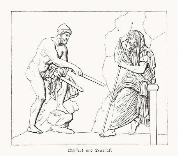ilustraciones, imágenes clip art, dibujos animados e iconos de stock de la consultora de odysseus tiresias, homer's odyssey, grabado en madera, publicada en 1868 - zu hell