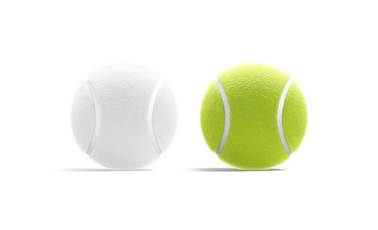 Blank green and white tennis ball mock up, front view, 3d rendering. Empty textured fibrous matchball mockup, isolated. Clear exercise training or leisure game mokcup template.