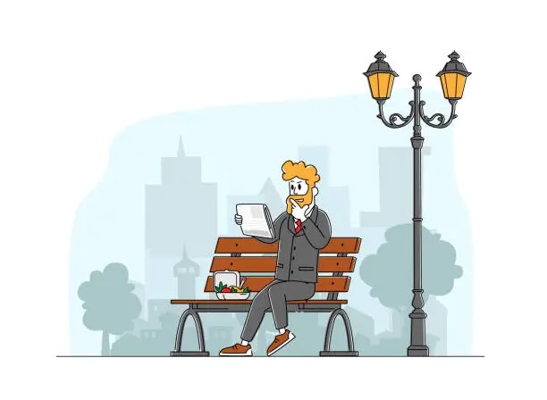 Vector illustration of Press Social Media Information Concept. Businessman in Formal Wear Reading Newspaper Sitting on City Street with Lunch Box. Male Character Read Publication on Coffee Break. Linear Vector Illustration