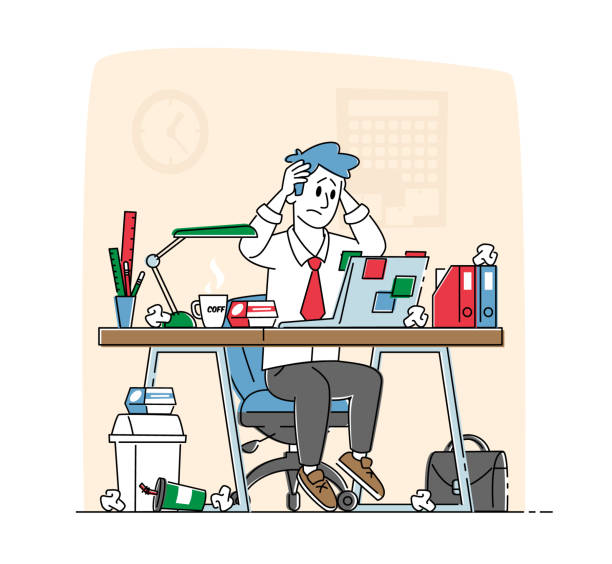 Business Man Stress and Frustration Concept. Tired Stressed Worker Sit at Office Desk with Laptop Holding Head with Hands Tearing Hair Tired of Work and Exhausted. Linear Character Vector Illustration Business Man Stress and Frustration Concept. Tired Stressed Worker Sit at Office Desk with Laptop Holding Head with Hands Tearing Hair Tired of Work and Exhausted. Linear Character Vector Illustration mental burnout illustrations stock illustrations