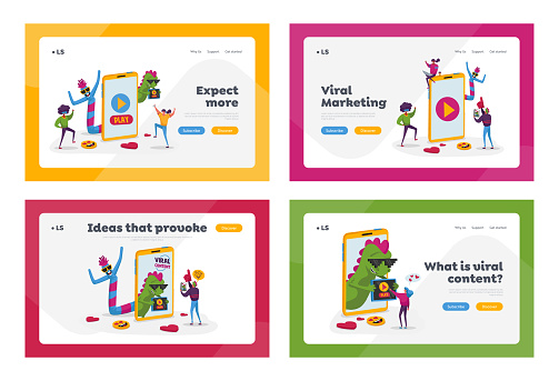 Viral Content Landing Page Template Set. Tiny People Dance at Huge Mobile Phone with Funny Characters. Social Media Blogging, Streaming, Online Network Likes Attracting. Cartoon Vector Illustration