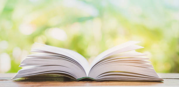 istock Open book on wooden table on natural background 1251352255