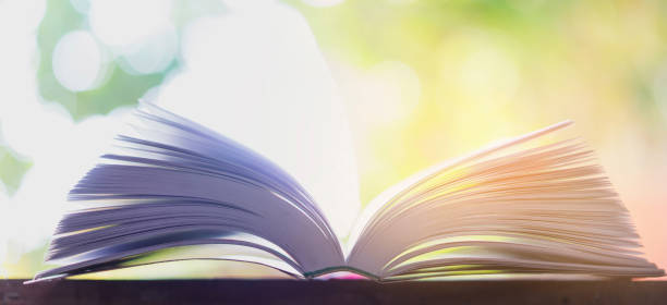 istock Open book on wooden table on natural background 1251352771