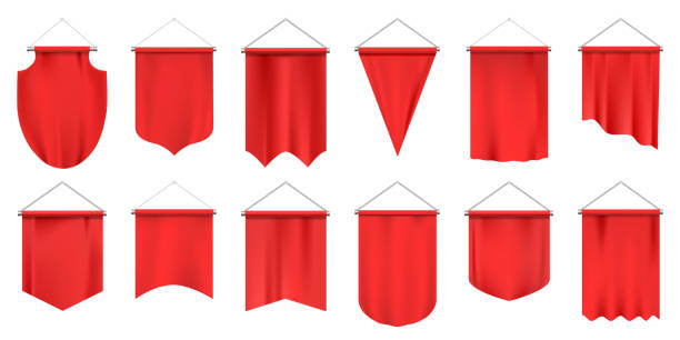 istock Realistic textile pennants. Empty 3d flags, red fabric hanging pennant, advertising or royal award mockups isolated vector illustration set 1251353642