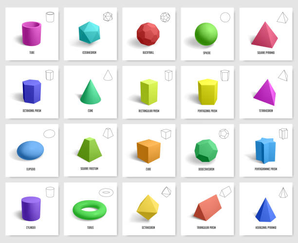 illustrations, cliparts, dessins animés et icônes de formes géométriques 3d réalistes. prisme de géométrie de base, cube, figures de cylindre, polygone géométrique et formes hexagonales icônes d’illustration vectorielle ensemble - forme bidimensionnelle