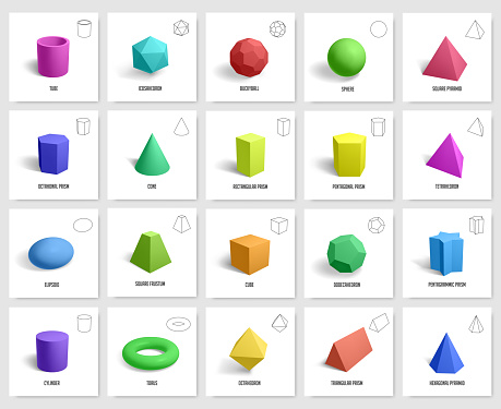 Realistic 3d geometric shapes. Basic geometry prism, cube, cylinder figures, geometric polygon and hexagon shapes vector illustration icons set. 3d cube shape geometric form