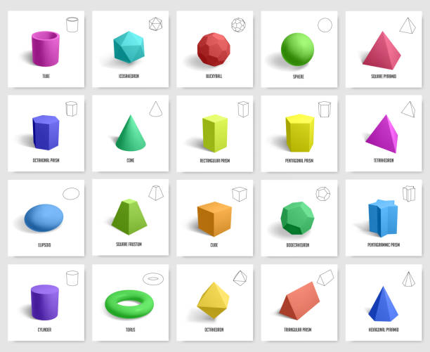 Realistic 3d geometric shapes. Basic geometry prism, cube, cylinder figures, geometric polygon and hexagon shapes vector illustration icons set Realistic 3d geometric shapes. Basic geometry prism, cube, cylinder figures, geometric polygon and hexagon shapes vector illustration icons set. 3d cube shape geometric form polyhedron stock illustrations