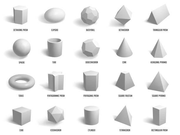 realistyczne podstawowe kształty 3d. wymiary geometrii, formy cylindrów, piramidy i sześcianu, kształty geometryczne model izolowane ikony ilustracji wektorowych zestaw - pyramid shape triangle three dimensional shape shape stock illustrations