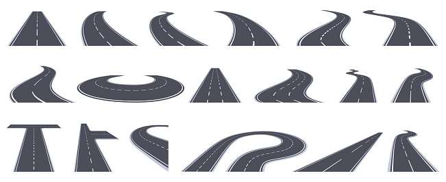 Road perspective view. Curving highway roads, bend asphalt roads in perspective. Turn town urban roads isolated vector illustration set. Road highway, asphalt to transportation, line view turn