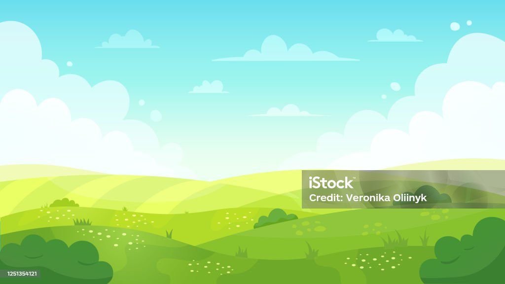 漫画の牧草地の風景。夏の緑のフィールドビュー、春の芝生の丘と青空、緑の草原風景ベクトルの背景イラスト - 背景のロイヤリティフリーベクトルアート