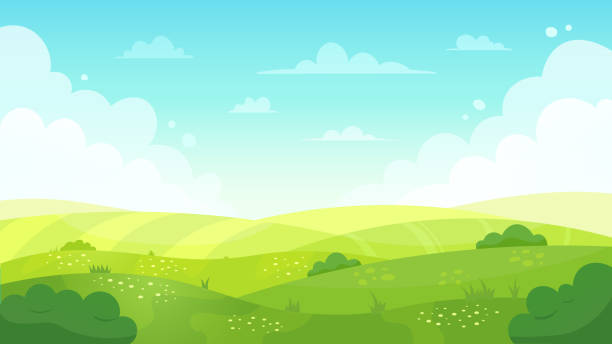 漫画の牧草地の風景。夏の緑のフィールドビュー、春の芝生の丘と青空、緑の草原風景ベクトルの背景イラスト - 太陽 イラスト点のイラスト素材／クリップアート素材／マンガ素材／アイコン素材
