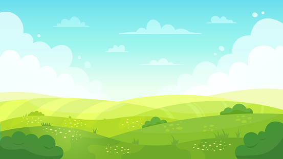 Cartoon meadow landscape. Summer green fields view, spring lawn hill and blue sky, green grass fields landscape vector background illustration