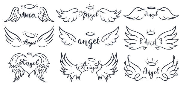 Wings hand drawn lettering. Doodle elegant angel wings phrases, sketched flight feather, winged angel wings and lettering vector illustration set Wings hand drawn lettering. Doodle elegant angel wings phrases, sketched flight feather, winged angel wings and lettering vector illustration set. Sketched lettering, angelic tattoo contour free tatto designs stock illustrations