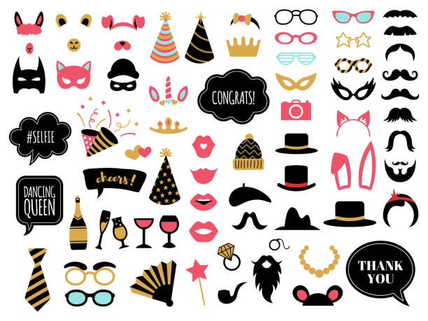 Photobooth accessories. Wedding day celebrations props, glasses, mustache and bunny ears, photo props decoration vector illustration symbols set Photobooth accessories. Wedding day celebrations props, glasses, mustache and bunny ears, photo props decoration vector illustration symbols set. Photobooth moustache, congrats tag and champagne mask disguise illustrations stock illustrations