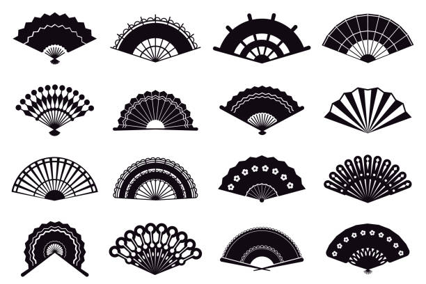 ilustrações de stock, clip art, desenhos animados e ícones de hand fans silhouette. asian traditional paper folding hand fans, graphic monochrome oriental paper folding fans vector illustration icons set - paper wind form shape