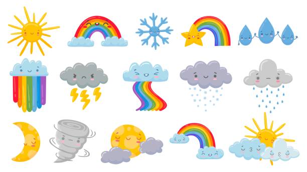 sevimli çizgi film havası. mutlu sıcak güneş, bulutlar ve komik kar tanesi üzerinde gökkuşağı. kar ve yağmurlu bulut, uyuyan ay ve kızgın kasırga vektör illüstrasyon seti - hurricane stock illustrations