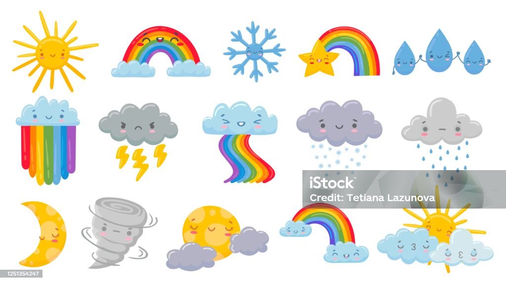 Cute Cartoon Weather Happy Hot Sun Rainbow Over Clouds And Funny Snowflake  Snowly And Rainy Cloud Sleeping Moon And Angry Hurricane Vector  Illustration Set Stock Illustration - Download Image Now - iStock