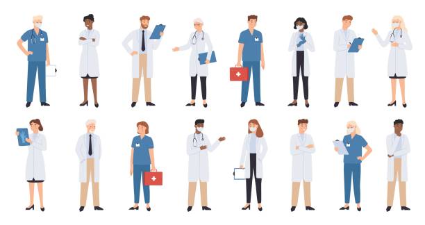 Hospital doctors and nurses. Doctor with stethoscope, nurse in scrubs and face mask. Medical student volunteer and intern character. Medical staff vector illustration set Hospital doctors and nurses. Doctor with stethoscope, nurse in scrubs and face mask. Medical student volunteer and intern character. Medical staff vector illustration. Profession physician in uniform paramedic stock illustrations