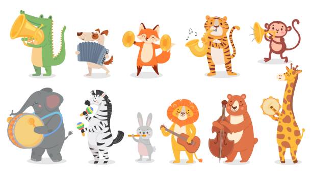 Animals play music. Cute animal playing music instruments, monkey plays trumpet and crocodile with saxophone vector illustration set Animals play music. Cute animal playing music instruments, monkey plays trumpet and crocodile with saxophone vector illustration set. Cartoon animal play music, design drum instrument accordion instrument stock illustrations