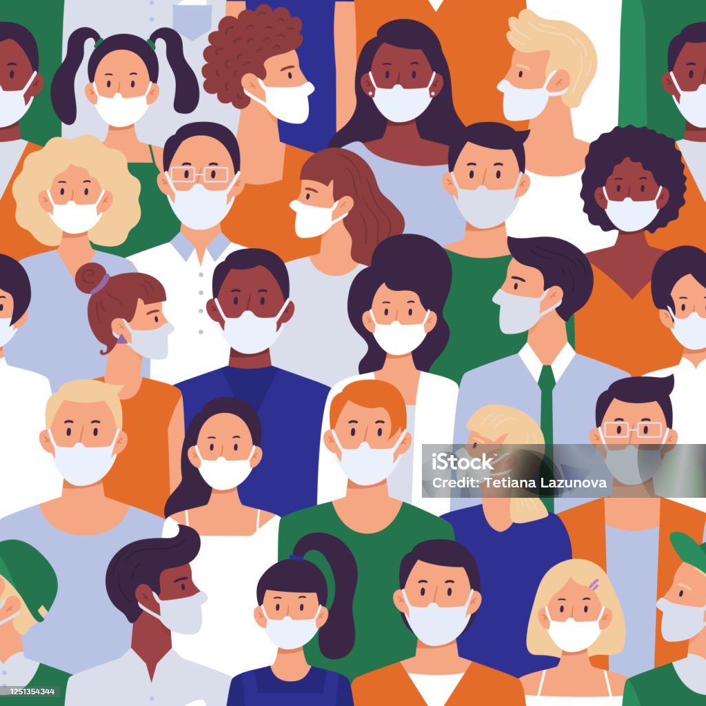 People crowd in face masks. Covid-19 caution, infection safety and coronavirus health protective mask seamless pattern vector illustration People crowd in face masks. Covid-19 caution, infection safety and coronavirus health protective mask seamless pattern vector illustration. Crowd mask and epidemic medical infection pattern Coronavirus stock vector